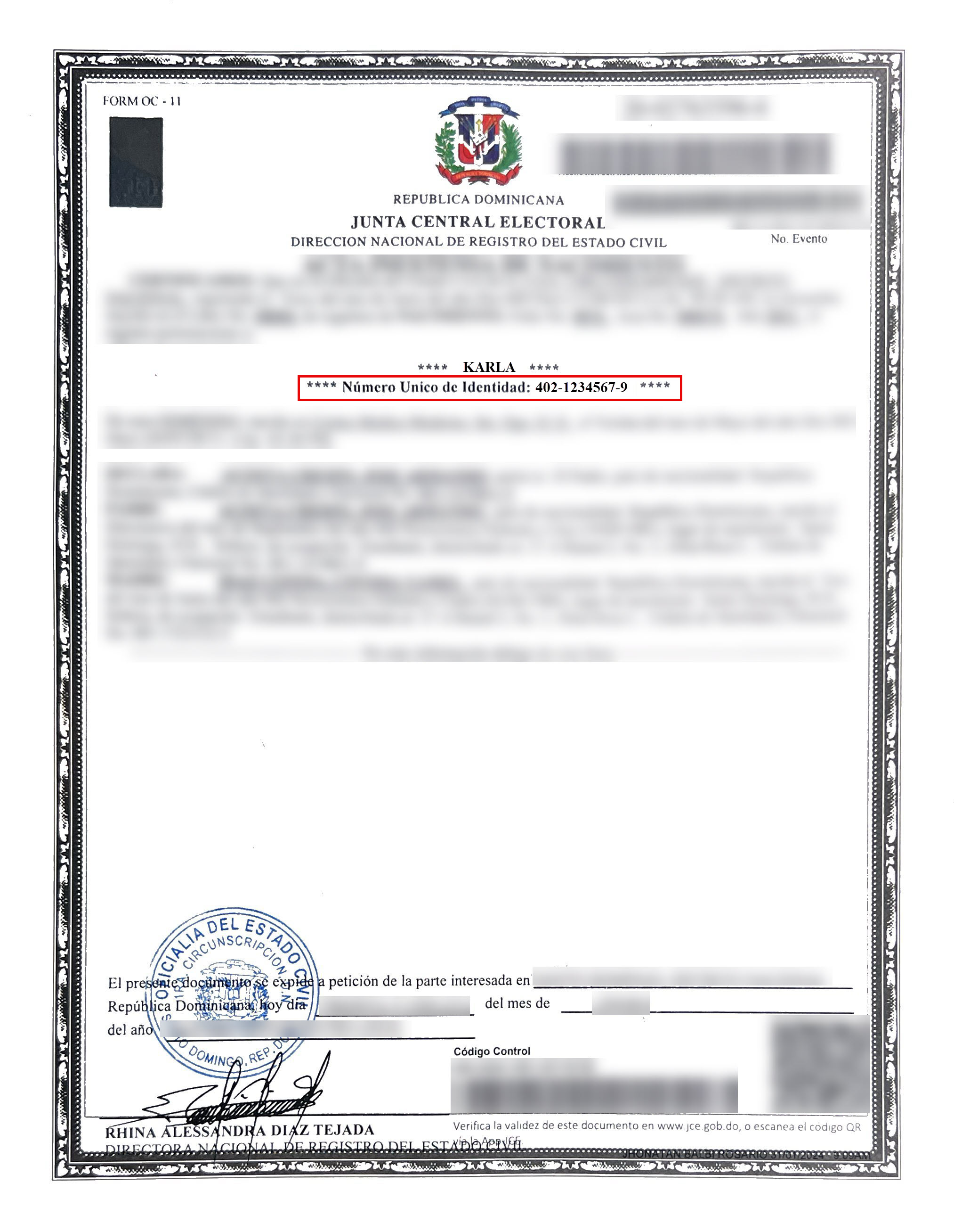 Ejemplo de registro de nacimiento mostrando ubicación del NUI